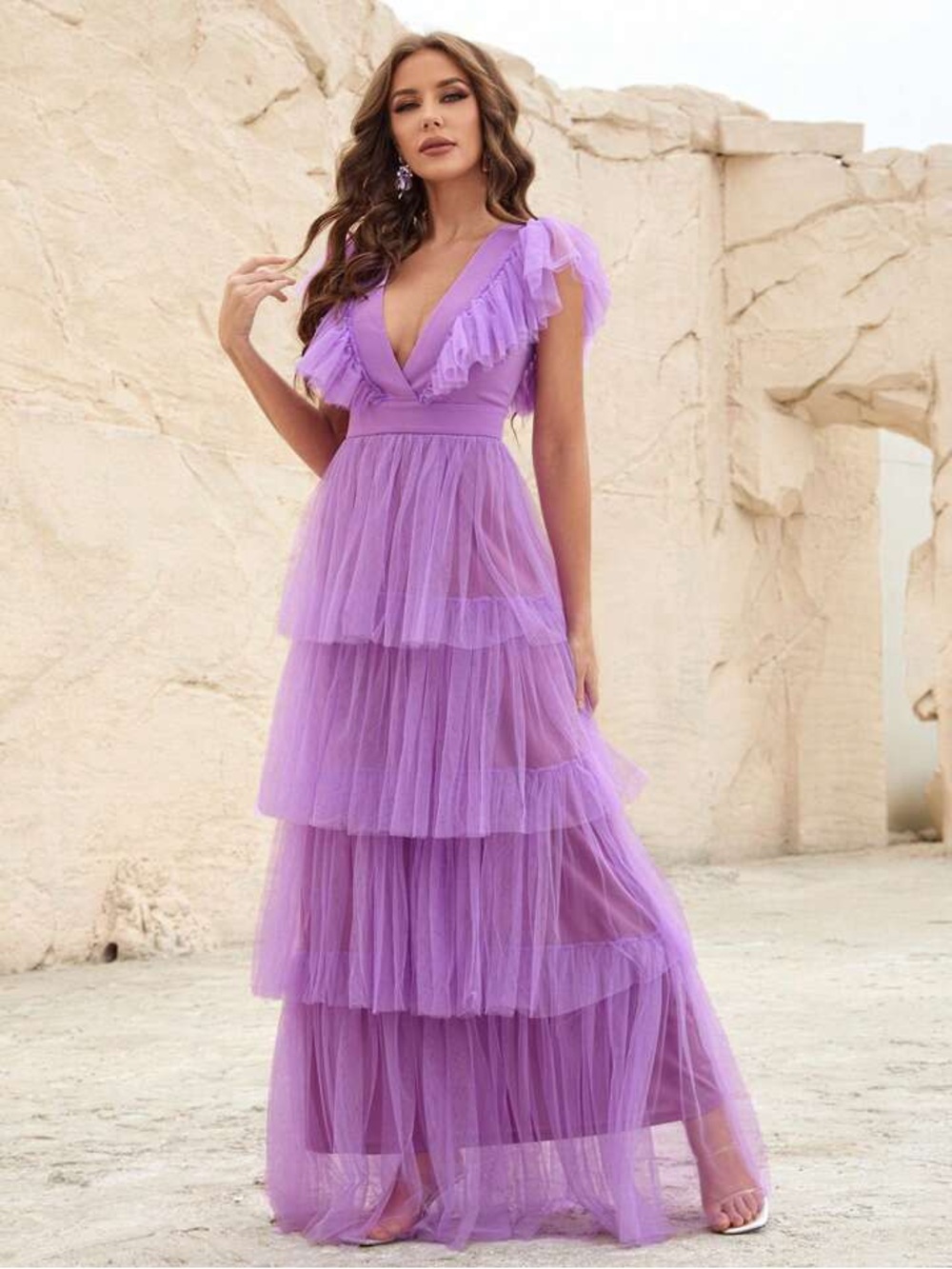 SHEIN Purple Layered Ruffle Tulle Maxi Dress